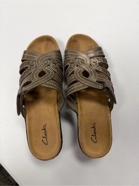 Clarks Brown Leather Slide Sandals